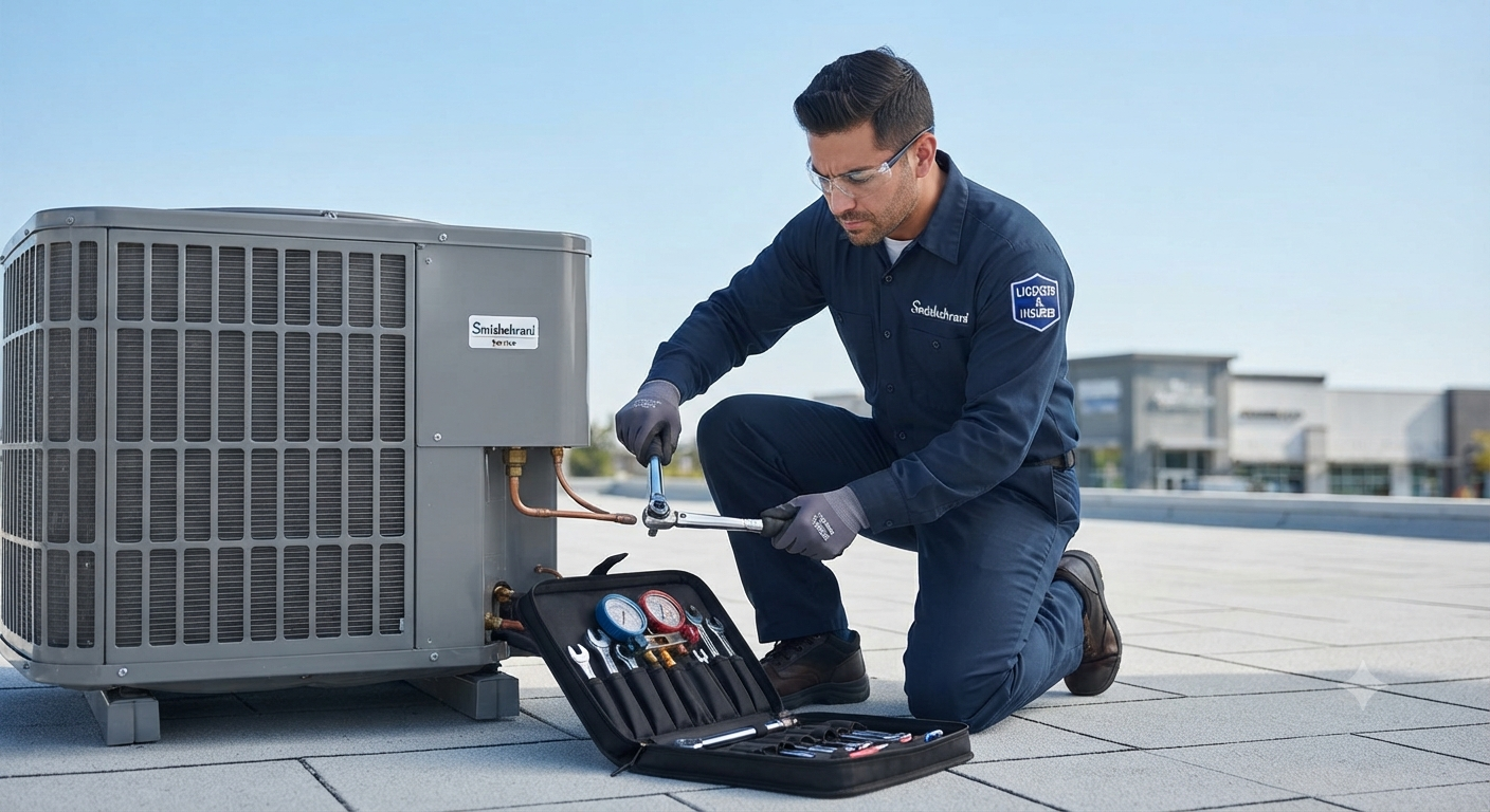 Smishehrani engineer servicing an outdoor AC condenser unit