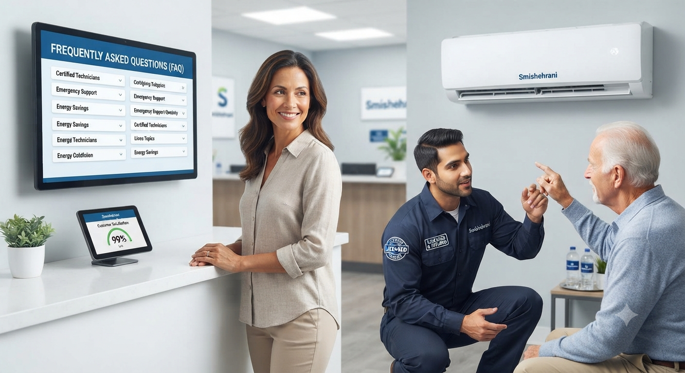 Smishehrani technician answering a customer's questions during an AC service visit