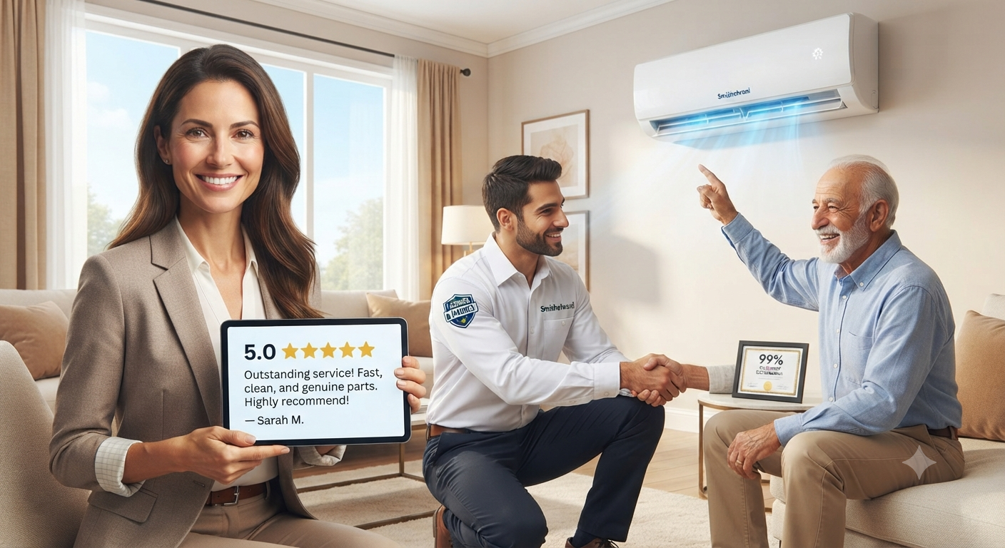 Happy Smishehrani customers sharing a 5-star review after AC service