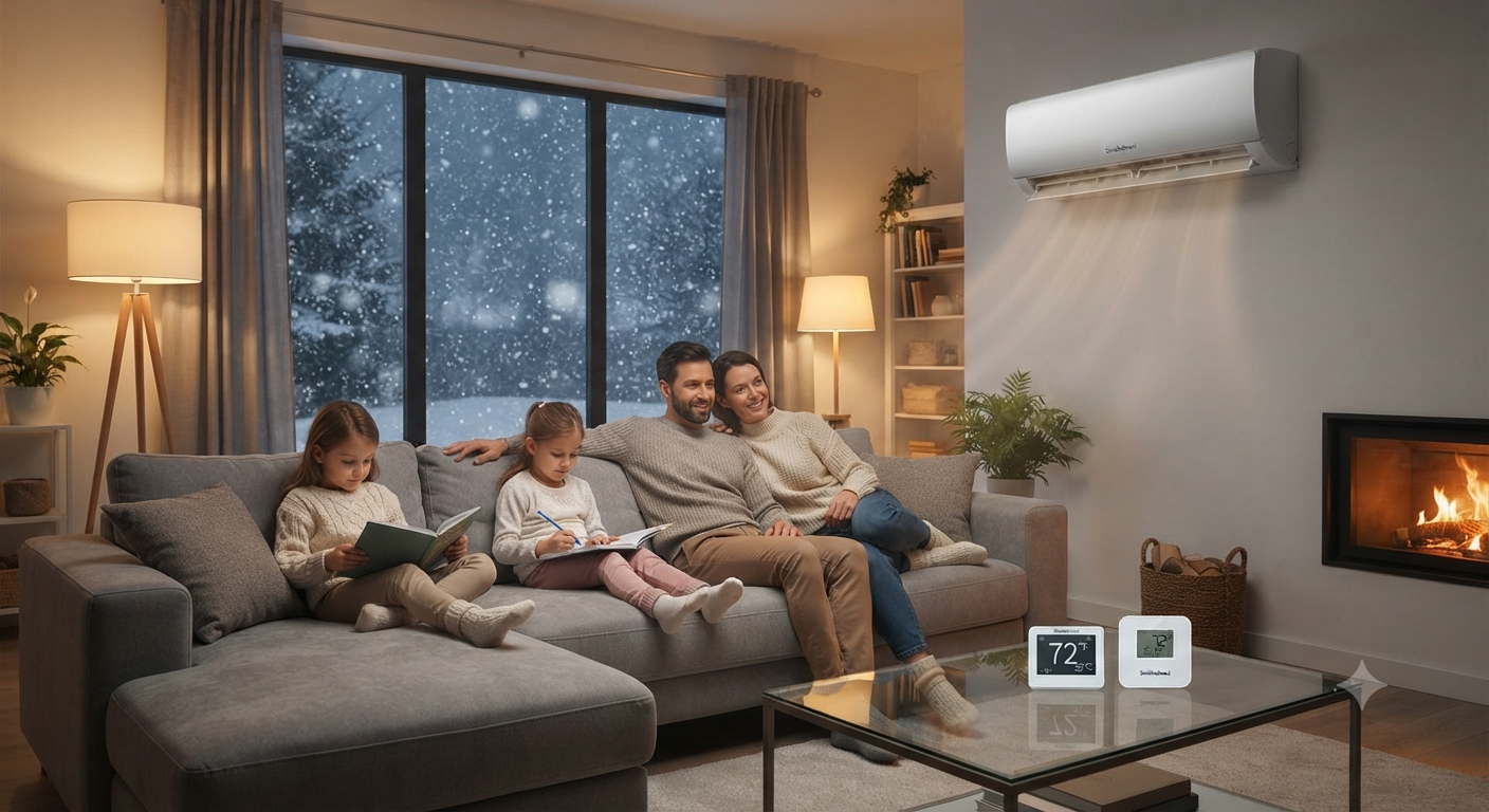 Family relaxing in a comfortably cooled living room with Smishehrani AC and smart thermostat